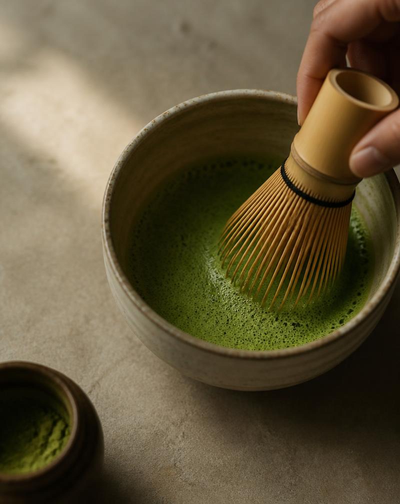 Bright green matcha being whisked in a ceramic bowl
